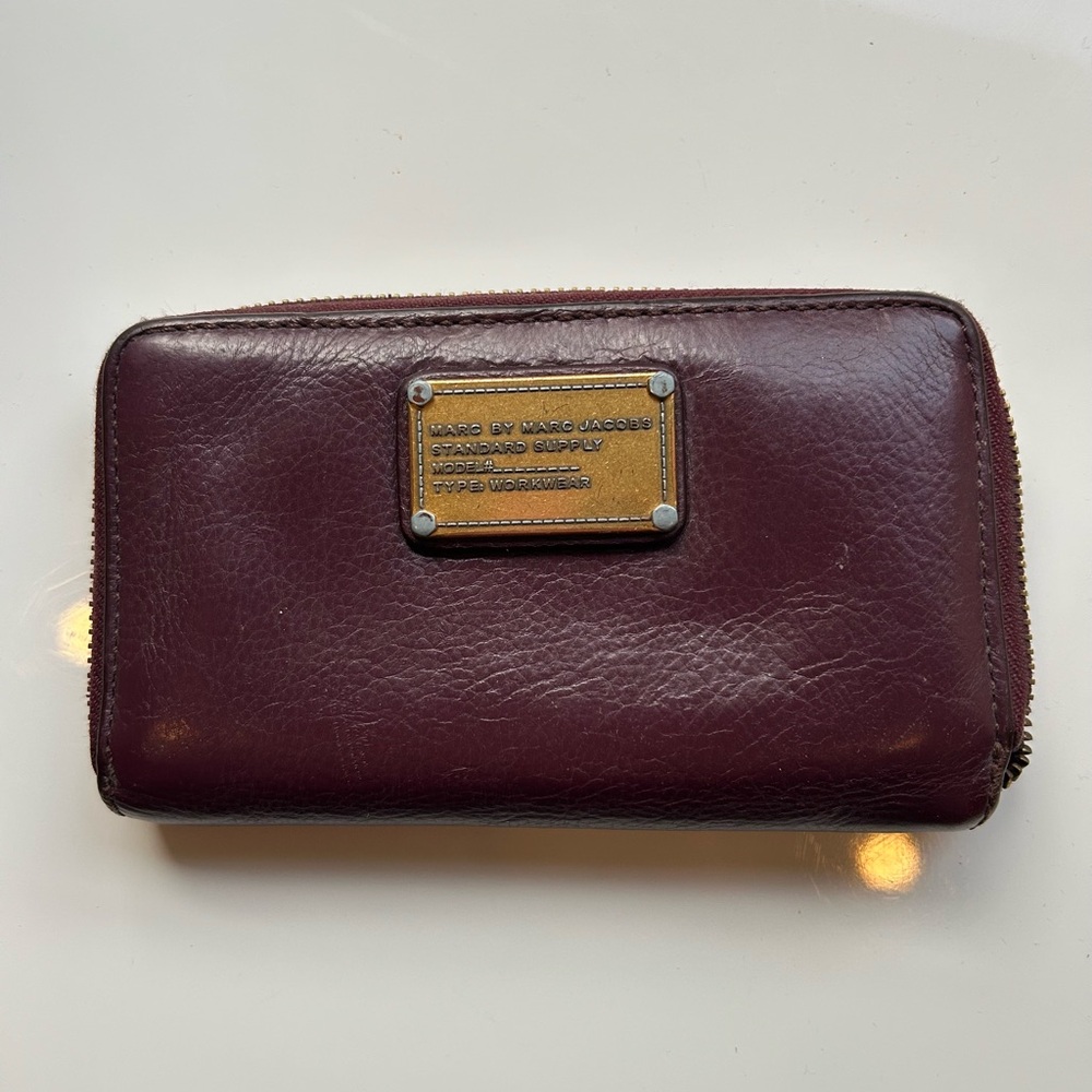 Marc Jacobs Dark Red Leather Wallet with Gold Plaque